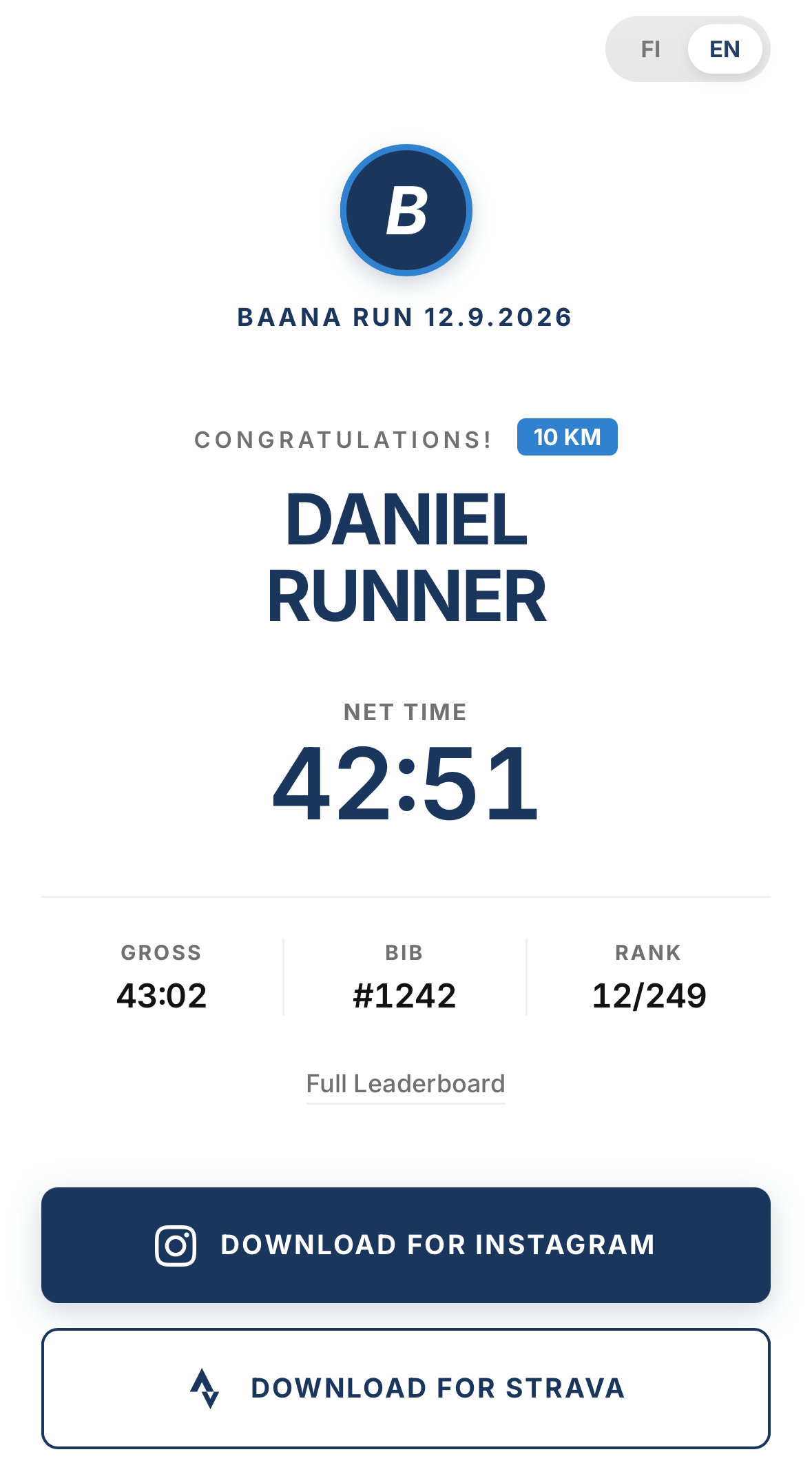 Baana Run Results Mockup